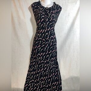 90s Black Bias Cut Maxi Length Feminine Vintage Botanical Dress Milkmaid size M